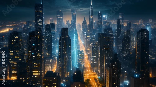 Cityscape at night with illuminated skyscrapers and lights on buildings