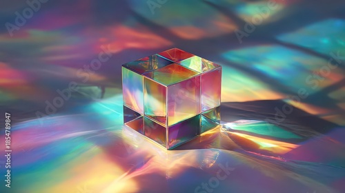 Prismatic Cube On Reflective Surface Casting Rainbow Hues And Geometric Shadows In An Abstract Arrangement Creating Visual Interest And Colorful Spectrum Effect