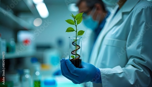Scientist used biotechnology, ai technology, and dna plant in tube of scientific lab for medical research and Plant genetics development in Food industry. science chemistry in laboratory 