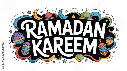 Ramadan Kareem: Vibrant Illustration: A lively and colorful illustration, perfect for Ramadan celebrations, featuring a dynamic design of symbols and decorations in a festive style.