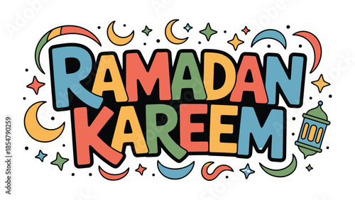 Ramadan Kareem: A vibrant and colorful illustration conveys the spirit of Ramadan, decorated with crescent moons, stars, and traditional lanterns. It captures the essence of this holy month.