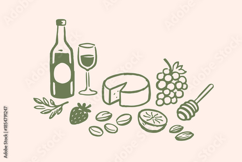 Wine and cheese snack set doodle vector illustration