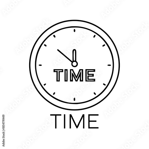 Black outline clock face showing 'TIME' with hands, isolated on white…