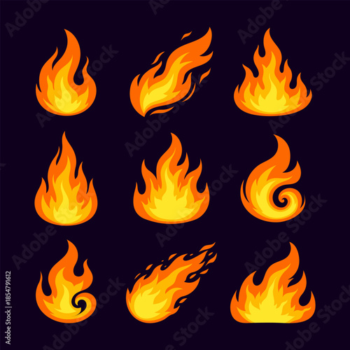 Set of Flame Vector Icons – Collection of Fire Illustrations with Different Shapes and Styles in Bright Cartoon Flat Design