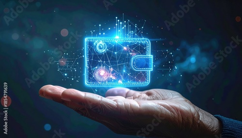 A hand holding a glowing digital wallet representing online financial security and crypto currency