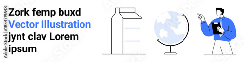 Education, global trade, sustainability, presentations, corporate communication, learning. A globe, milk carton and person pointing. Education and global trade concept