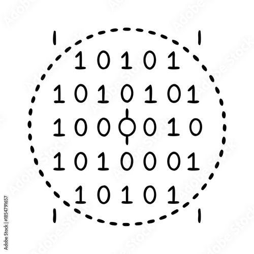 Hand-drawn binary grid with central quantum bit symbol on white…
