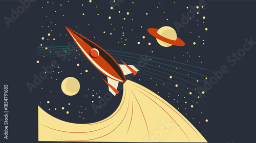 Retro-style rocket ship blasting off into outer space, leaving a trail of smoke as it travels past planets and stars