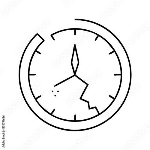 Stylized black outline of a broken clock with damaged elements