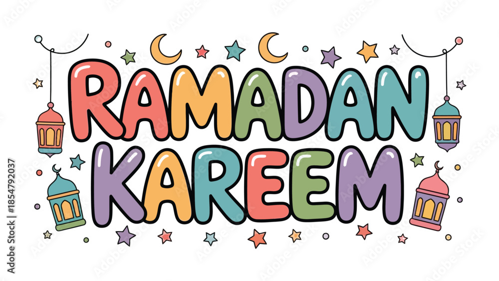 Fototapeta premium Ramadan Kareem: Vibrant and festive illustration with colorful Ramadan Kareem greetings, moon, star, and lantern elements.