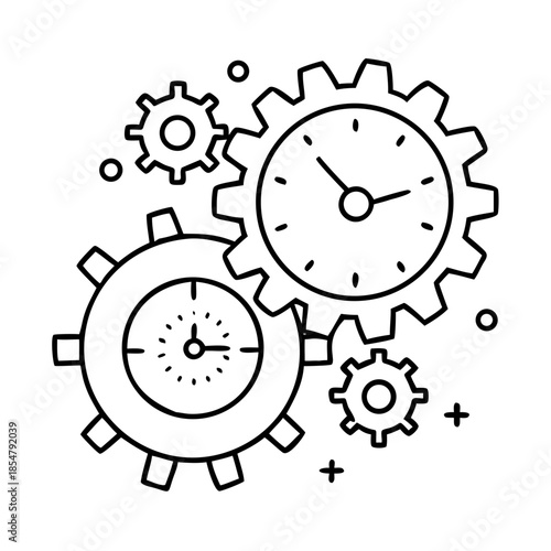 Mechanical gears and embedded clocks in a clean outline design.