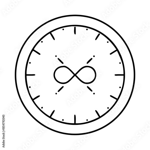 Outline clock face featuring an infinity symbol on white background.