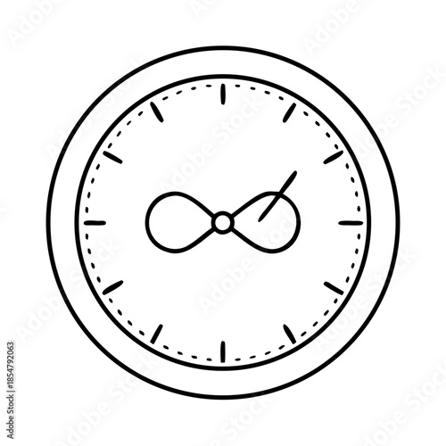 Hand-drawn clock face with infinity symbol and single hand on white…