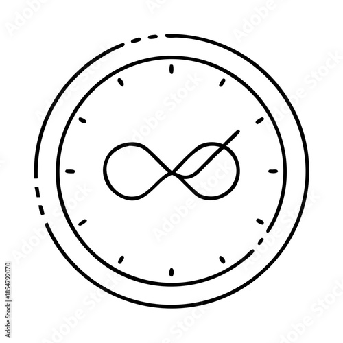 Black outline clock icon with interrupted infinity symbol