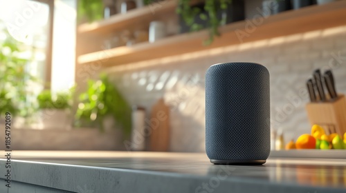 Smart speaker on kitchen countertop in sunlight.