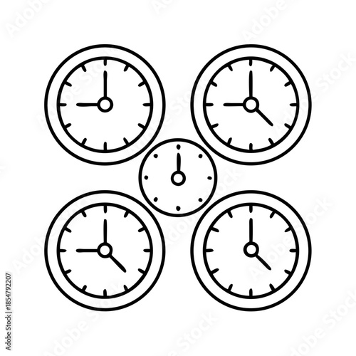 Set of five hand-drawn analog clocks indicating various