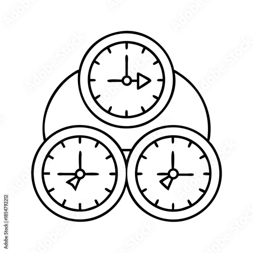 Black outline clocks with distinct arrow hands arranged on a white…