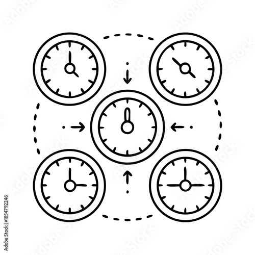 Abstract line art clocks showing time flow and central connection…