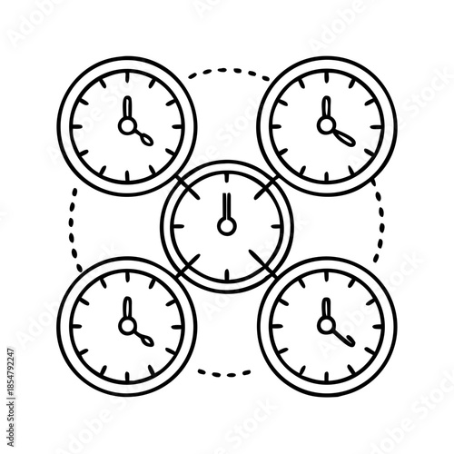 Line art illustration of multiple clocks connected on a white…