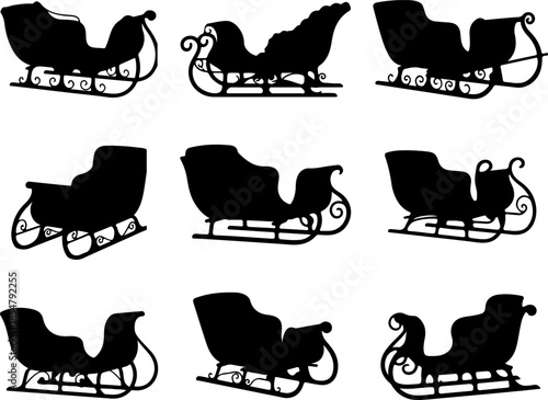 Sleigh art vectors and Set of black Santa Claus sleigh icon silhouette collections