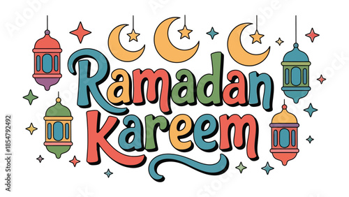 Ramadan Kareem: A vibrant illustration celebrates the spirit of Ramadan with colorful lanterns, crescent moons, and stars, exuding warmth and festive atmosphere.