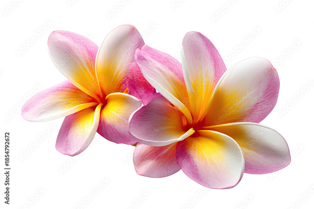 Fototapeta premium Two plumeria blossoms, pink-white petals, golden centers on black backdrop