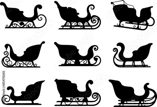 Sleigh art vectors and Set of black Santa Claus sleigh icon silhouette collections