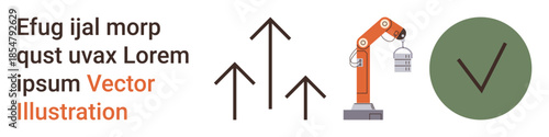 Automation, innovation, industrial technology, efficiency, progress, manufacturing. Robotic arm lifting object beside checkmark and arrows. Focus on automation and innovation concept