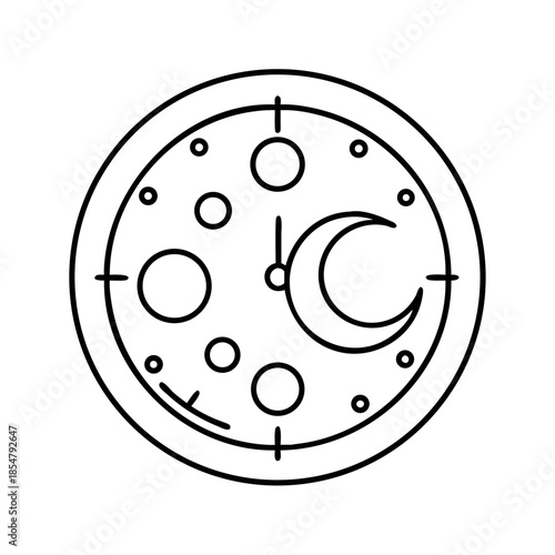 Minimalistic outline cosmic clock with moon and circular