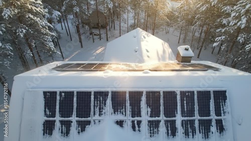 Rooftop solar panels are partially covered in snow. Snow-covered solar panels on a roof.