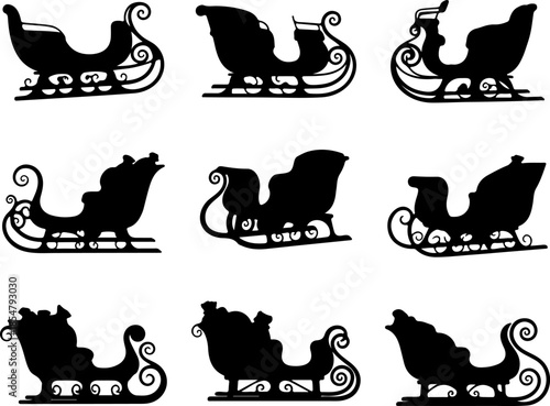 Sleigh art vectors and Set of black Christmas sleigh icon silhouette collections