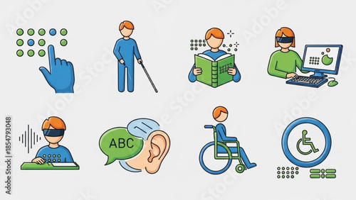Accessibility icons set featuring visually impaired individuals using assistive technology, braille, and mobility aids