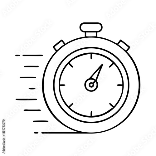 Black outline stopwatch with speed lines, isolated on white