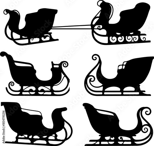 Sleigh art vectors and Set of black Christmas sleigh icon silhouette collections