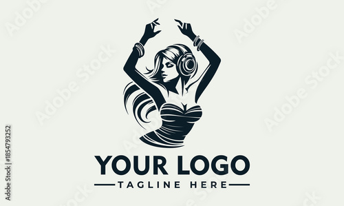 Vector logo design featuring a dancing woman wearing headphones with raised arms, set against a clean background, conveying a lively music vibe.