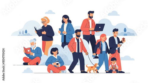 Diverse group of people enjoying various activities together in a stylized illustration with a white background and subtle clouds