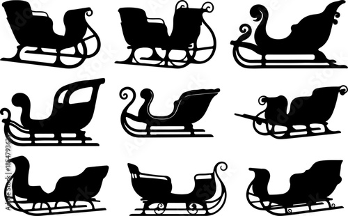 Sleigh art vectors and Set of black Christmas sleigh icon silhouette collections