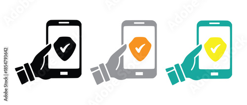 set of hands holding smartphones displaying security shield icons with checkmarks vector 