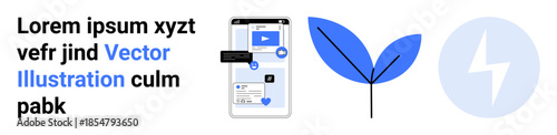 Free Download Technology, mobile apps, eco-friendly design, digital media, innovation, renewable energy. A smartphone interface with a blue leaf and lightning bolt icon. Technology and eco-friendly design concept - GFXLoad