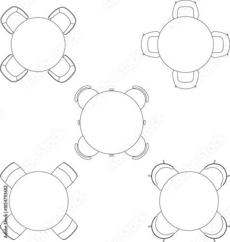 Set of 2d  round dining tables, top view, cad furniture, architectural design.