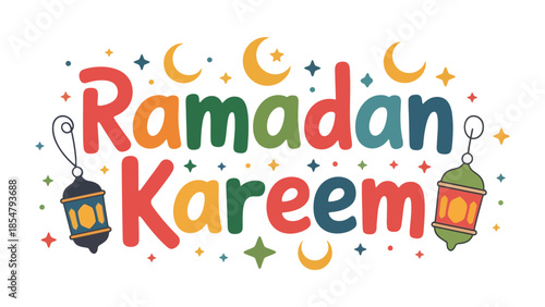 Ramadan Kareem Illustration: Festive and colorful Ramadan Kareem illustration with crescent moon, star, and lantern decorations, which creates the atmosphere of joy and celebration.