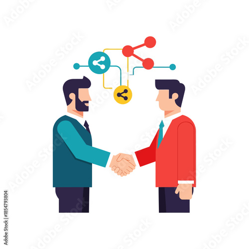 Two business individuals firmly shaking hands, symbolizing successful partnership and deal closing, depicted in a vibrant pure flat 2D vector illustration with abstract connection icons.