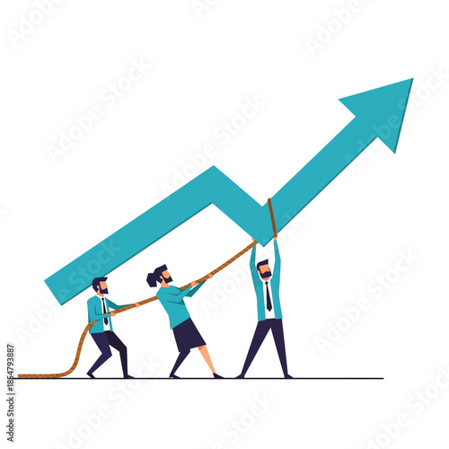Three geometric business colleagues in this 2D flat vector illustration collaboratively pull a rope to lift a massive upward trend arrow, symbolizing collective effort and shared goal attainment.