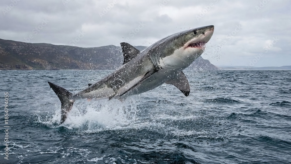 Naklejka premium Great white shark is capturing attention with a powerful breach from the ocean, displaying hunting prowess and raw wildlife in its natural marine environment against a cloudy sky