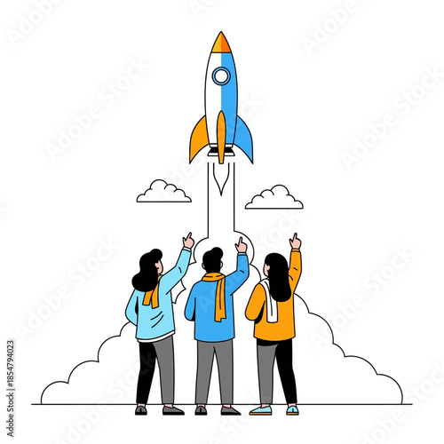 Teamwork success concept featuring three colleagues launching a stylized business rocket into the sky, illustrated in a pure flat minimalist 2D vector style.