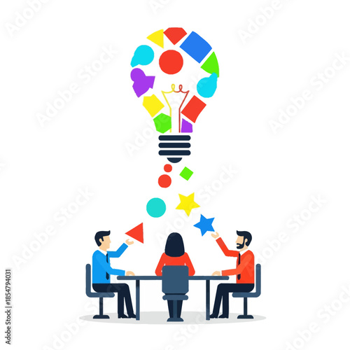 This 2D pure flat vector illustration depicts four business characters brainstorming successfully around a table, with colorful geometric shapes forming a glowing abstract lightbulb idea icon.