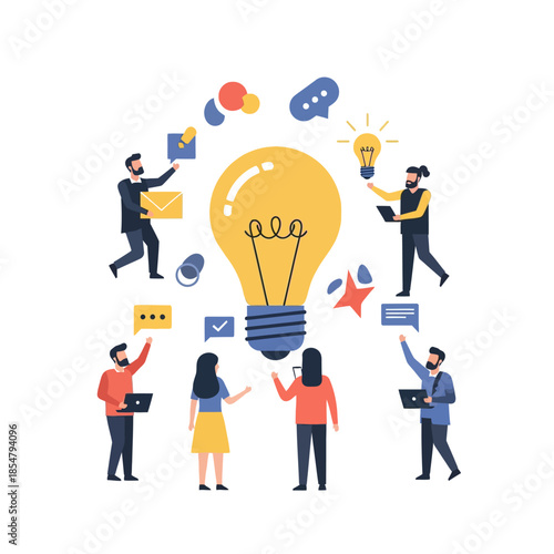 Six colleagues collaborate around a large floating lightbulb, contributing abstract shapes that symbolize collective input and innovative discussion in a vibrant 2D pure flat vector illustration.