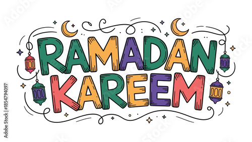 Ramadan Kareem Illustration: Colorful illustration that embodies the spirit of the Islamic holy month, with the words Ramadan Kareem artfully arranged amidst festive decorations.