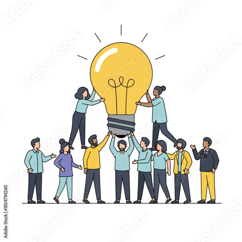 Minimalist characters surround a bright floating lightbulb, illustrating diverse team support, collective brainstorming, and nurturing new ideas in a clean 2D vector illustration.