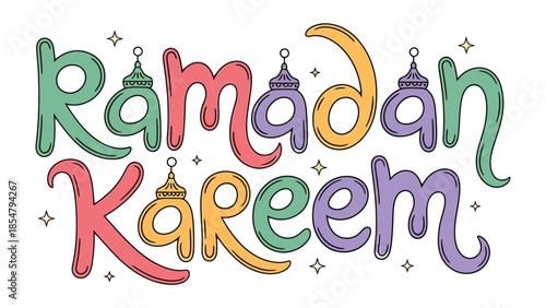 Ramadan Kareem Illustration: Festive and colorful lettering of 'Ramadan Kareem' displayed. This image captures the essence of the holy month.
